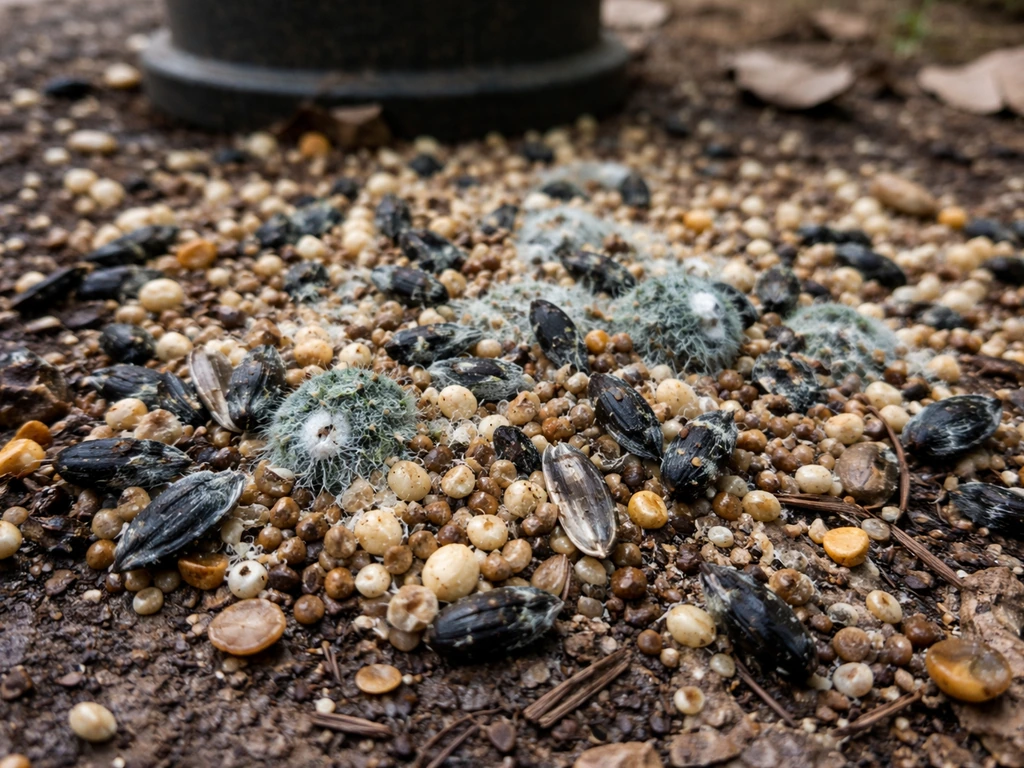 Close-up of moldy spoiled bird seed with wet hulls near an outdoor bird feeder base.