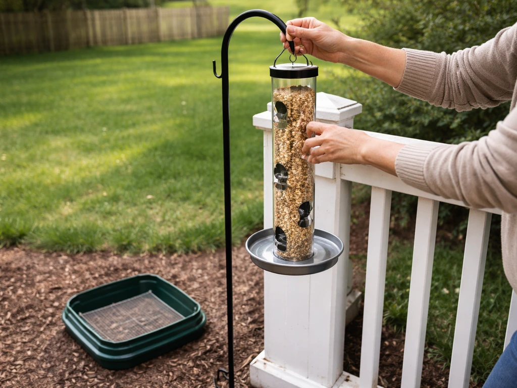Hands switch from a ground feeder to a hanging tube feeder with a catch tray outdoors.