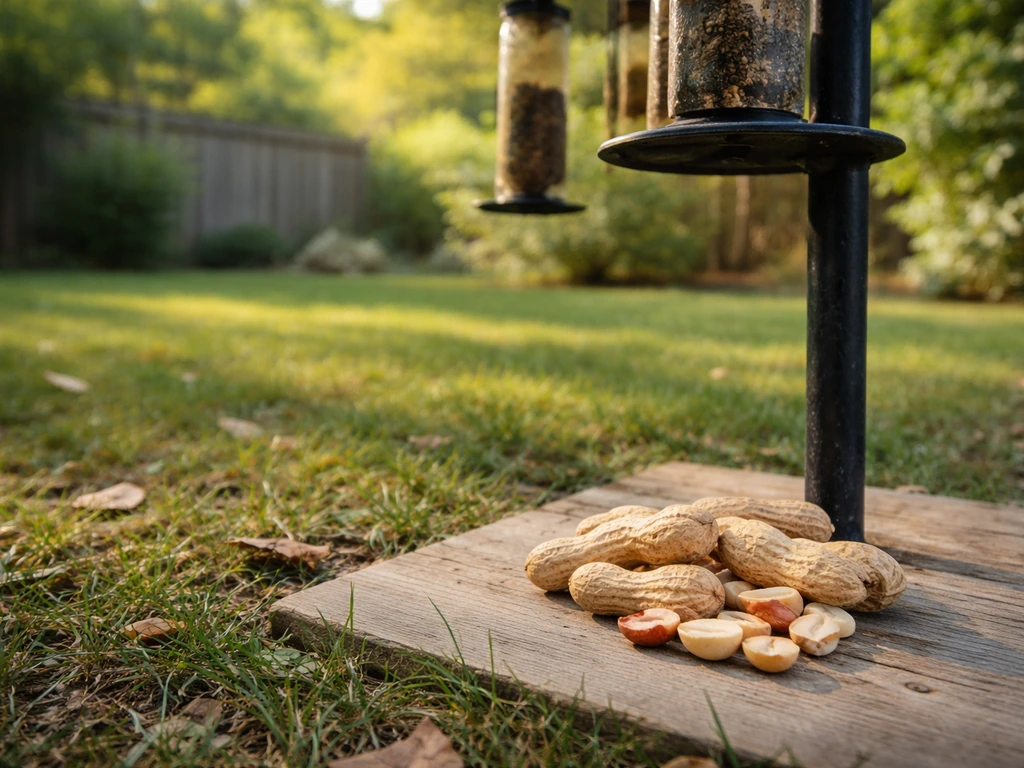 Bird peanuts in shell and shelled pieces near an outdoor feeder in a quiet yard.