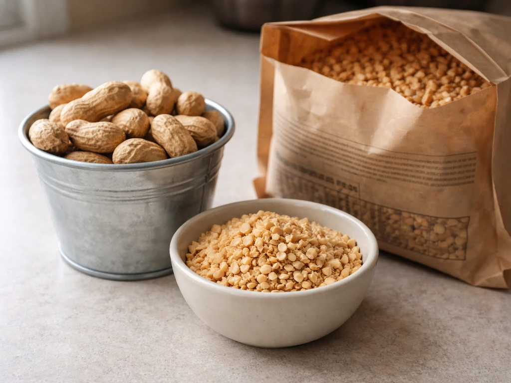 Close-up of whole shelled bird peanuts, kibbled pieces, and an unlabeled bag on a counter.