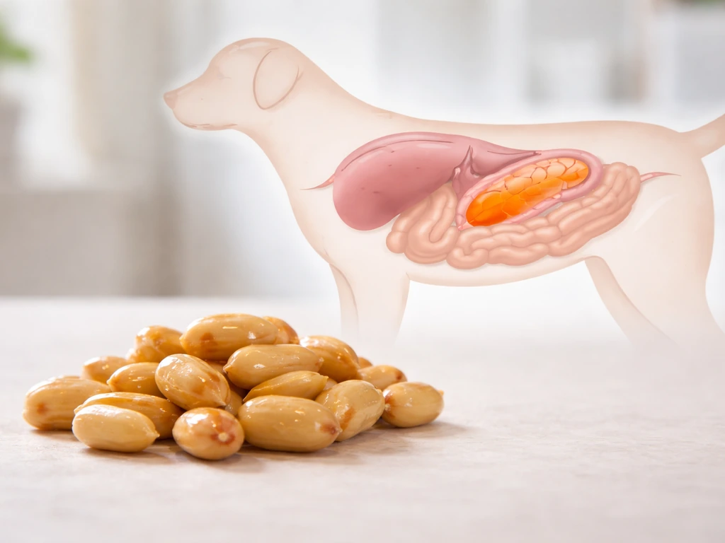 Close-up of high-fat peanut pieces beside a simplified dog digestive system to suggest pancreatitis risk