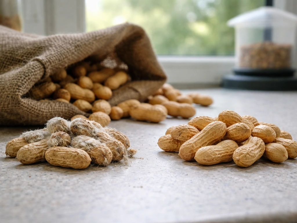 Close-up of damp moldy peanuts beside dry fresh peanuts near a bird feeder and open burlap bag.