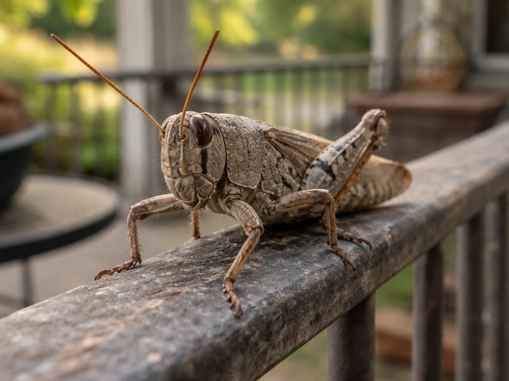 Gray-brown grasshopper perched on a patio bird-feeder railing, close-up in natural light.