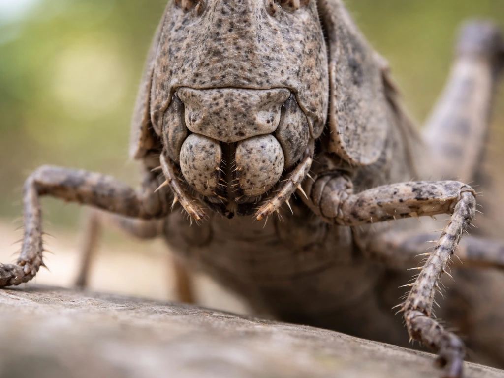 Close-up of a gray grasshopper’s mouthparts with visible mandibles, softly lit on a plain outdoor surface.