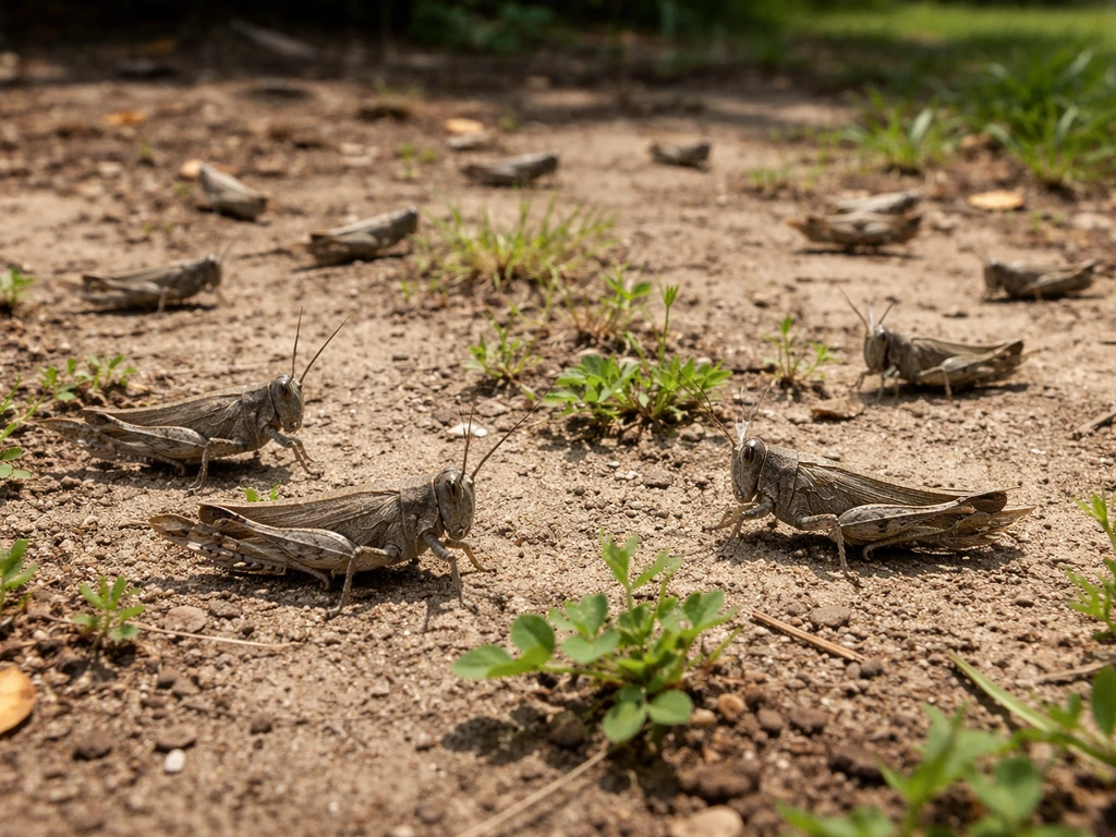 Multiple gray grasshoppers on sunny bare soil and weeds near a bird feeder area.