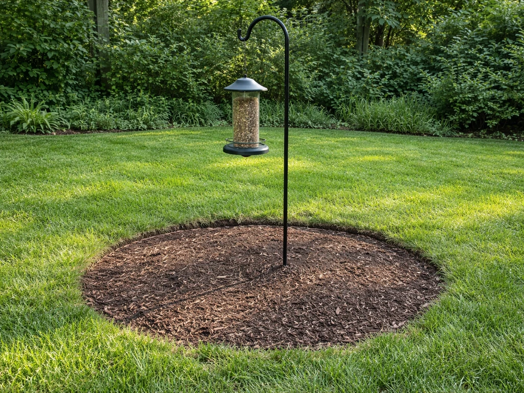 Trimmed grass and cleared debris around a bird feeder, showing safer habitat reduction for fewer grasshoppers.