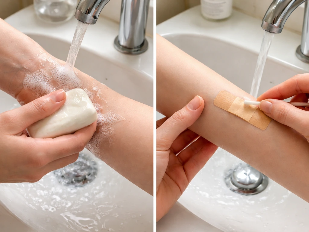 Hands wash a pinched area with soap and water, then apply a small bandage at a sink
