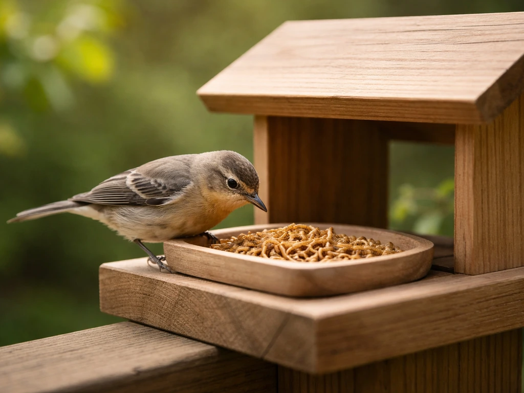 Close view of a backyard bird feeder with mealworms, showing an insect-based food option