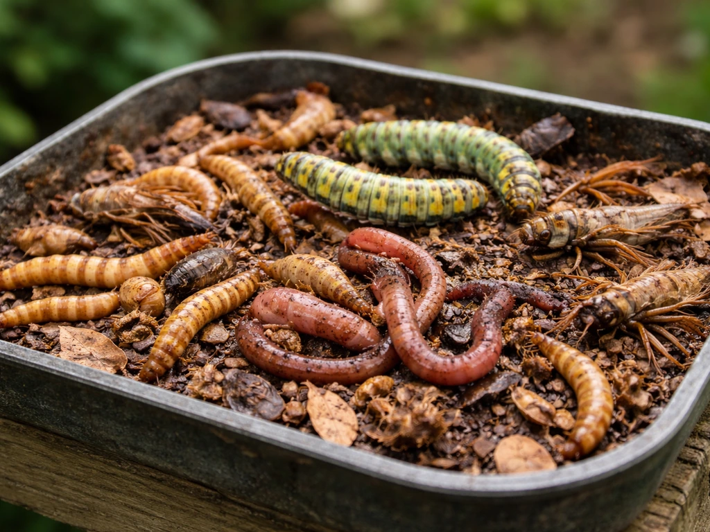 Close-up of a bird feeder tray with mealworms, caterpillars, crickets, and earthworms.