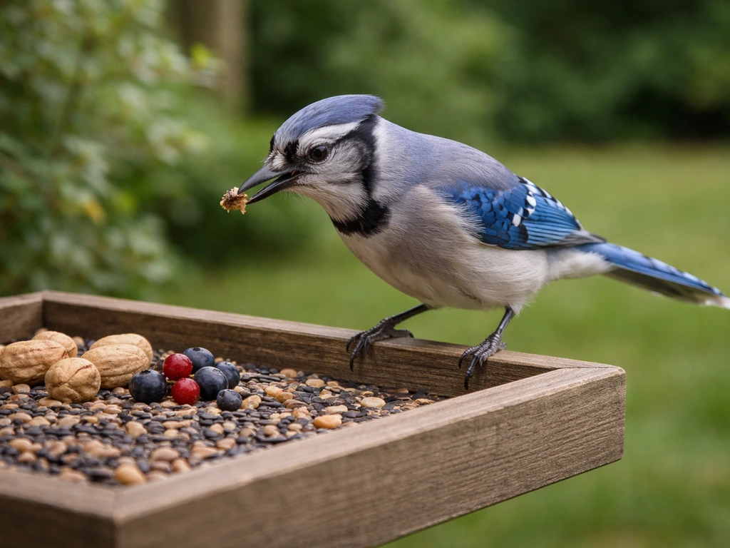 Blue jay perched at a backyard feeder, eating a small insect while seeds and berries are nearby.