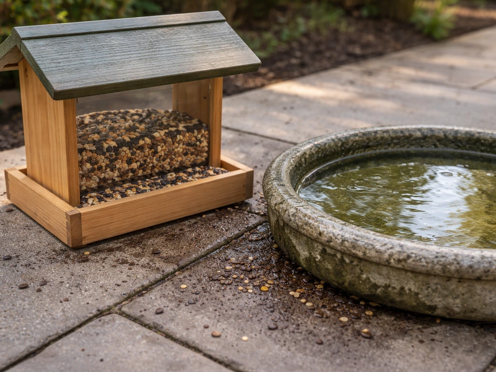 Outdoor bird feeder and nearby bird bath showing soiled droppings next to a freshly cleaned feeder.
