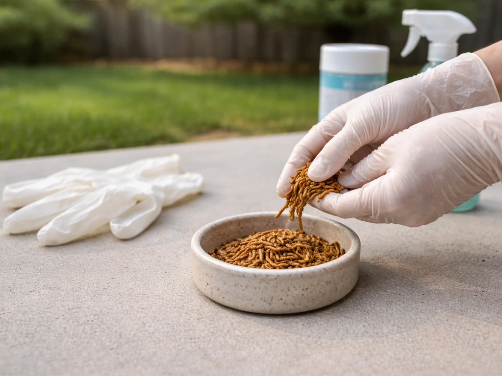 Gloved hands placing dried mealworms in a clean feeder cup, with cleaning supplies nearby outdoors.