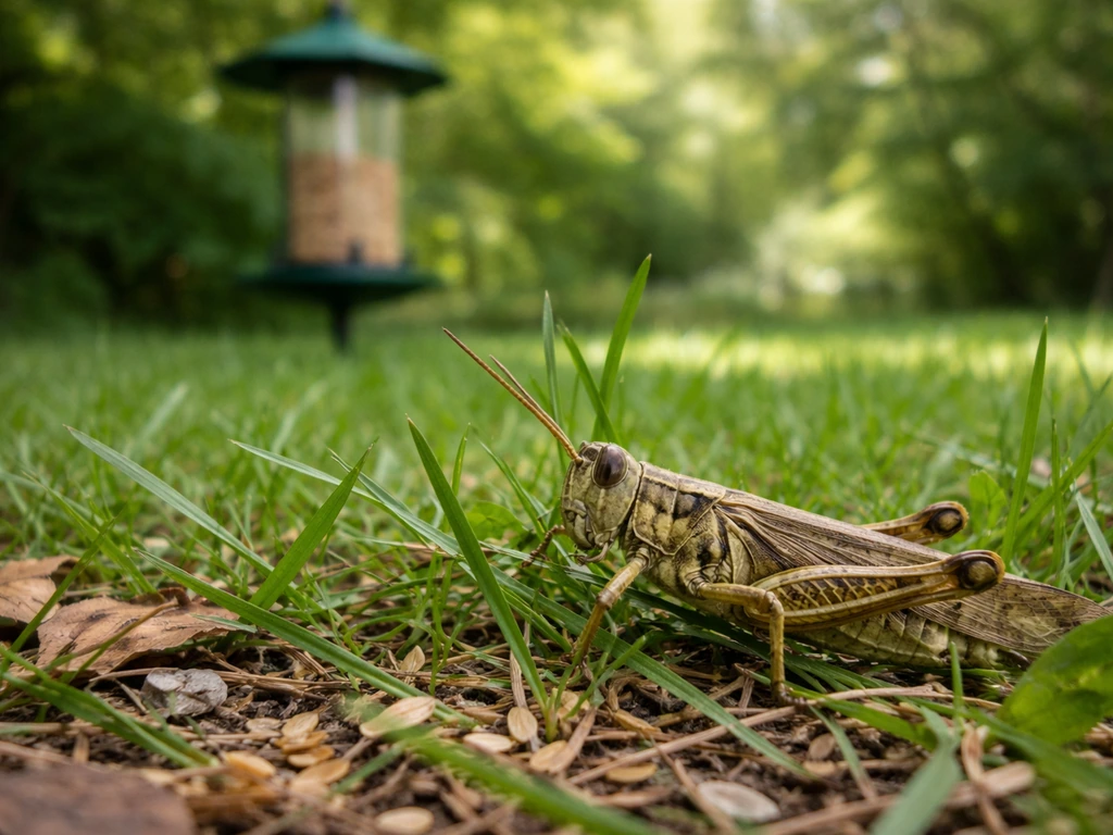 Bird grasshopper perched on grass near a backyard bird feeder, with seeds and vegetation in soft focus.
