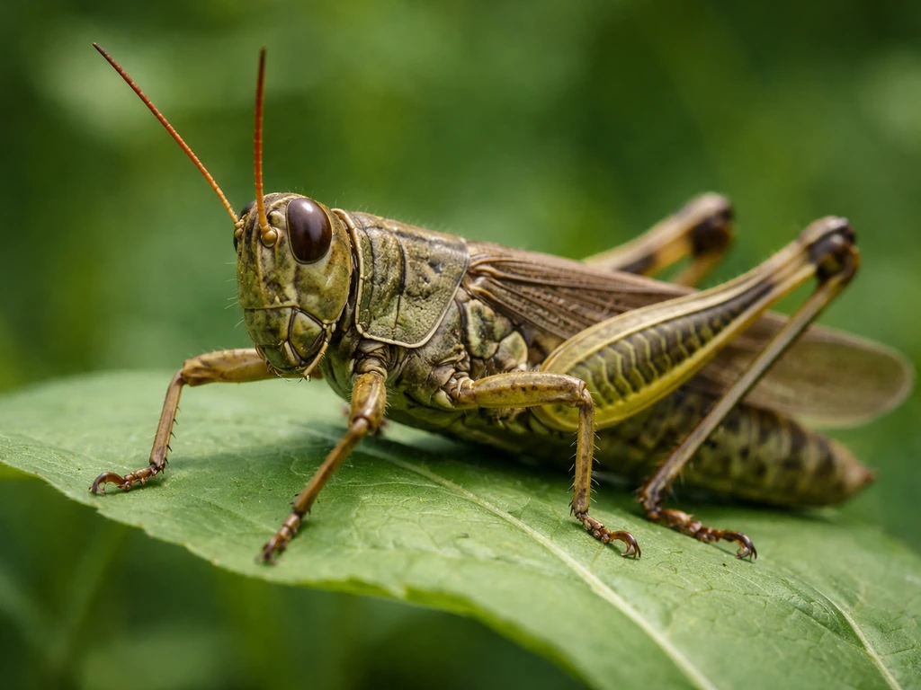 Close-up of a large fast-flying bird grasshopper on a leaf, showing its legs and wings.