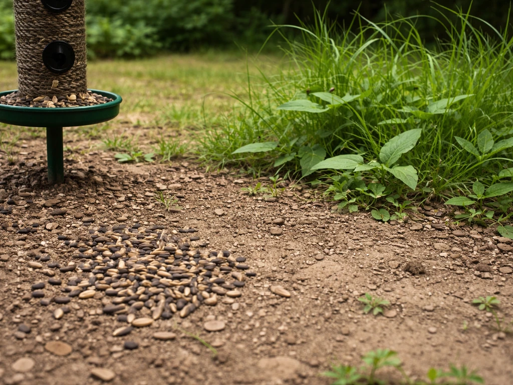 Backyard bird feeder with spilled seeds on soil and nearby grasshopper grazing on weeds.
