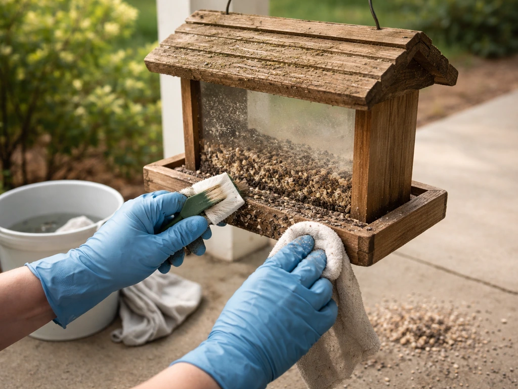 A bird feeder on a porch being cleaned, with fresh water and seed debris removed to prevent mold.