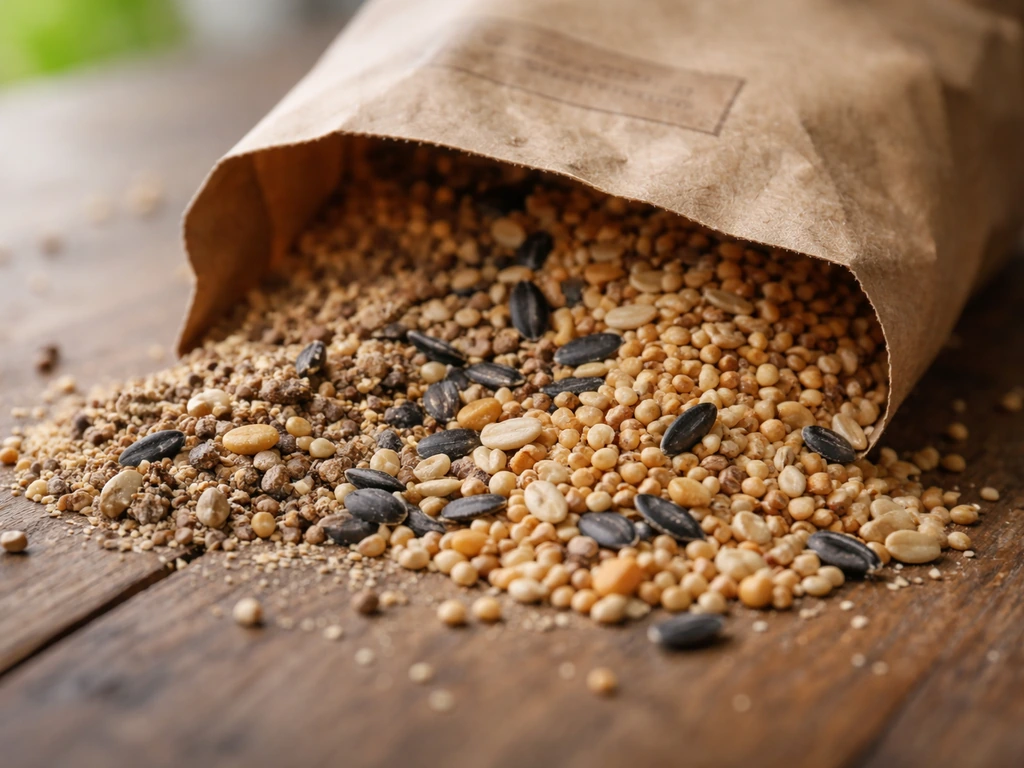 Bird seed spilling from an open bag, with some seeds looking dry and clumped, suggesting spoilage.