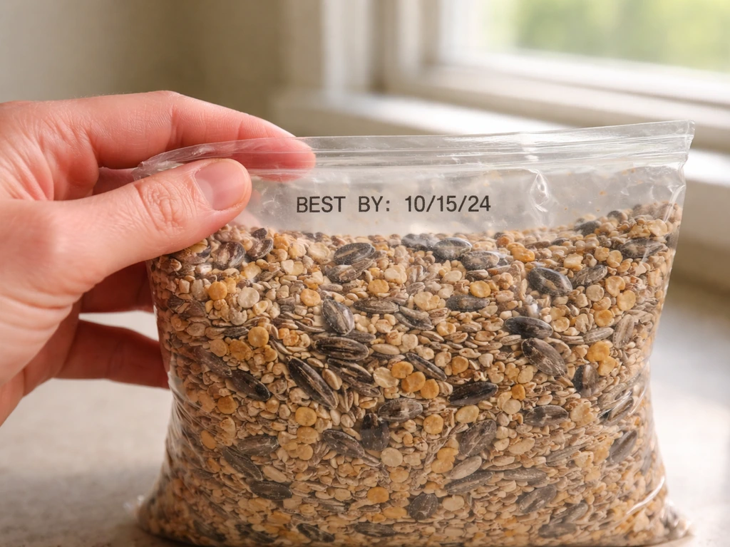 Close-up of a bird seed bag with a “best by” date and a hand checking the printed date.