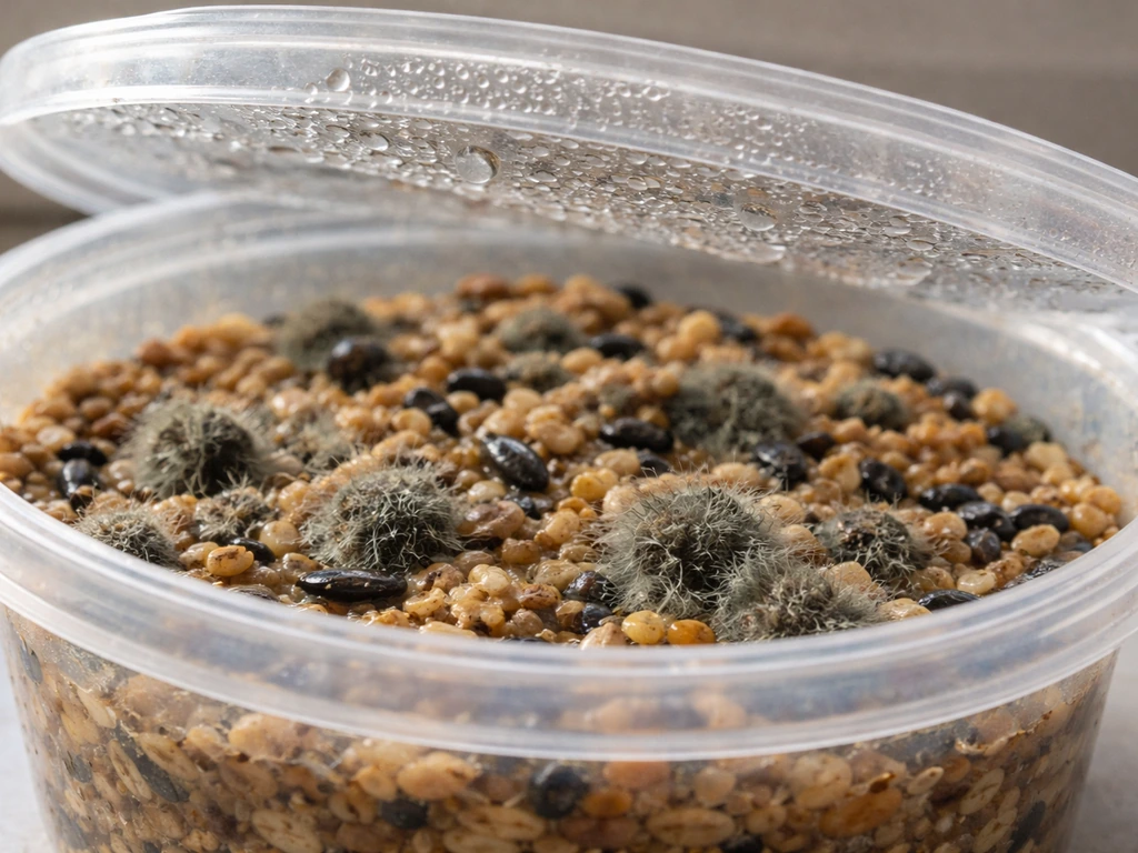 Damp bird seed in a sealed container with condensation on the lid and dark mold patches.