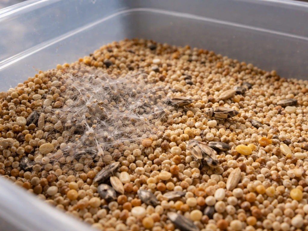 Close-up of a storage bin with bird seed showing visible moth webbing and small moths