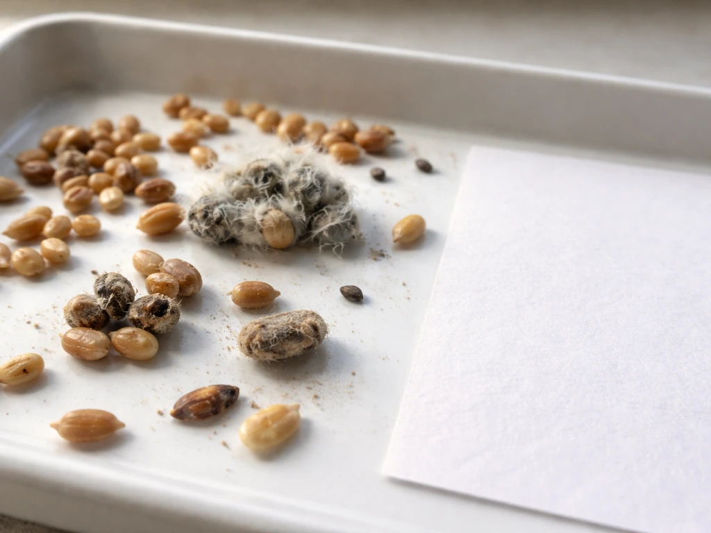 Close-up of scattered bird seed on a white tray showing spots of fuzzy mold, clumping, and discoloration