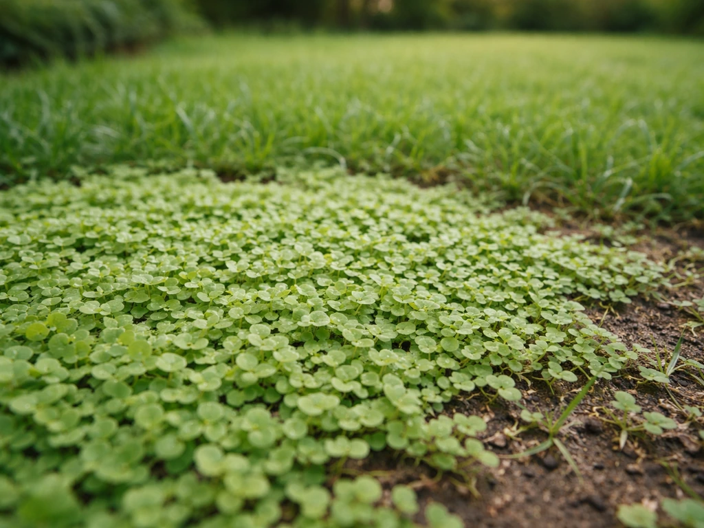 Dichondra rampante formant un tapis bas, contraste visuel avec une pelouse plus dense et dressée.