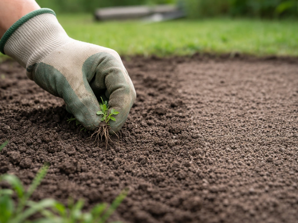 Main gantée qui désherbe une petite mauvaise herbe dans une terre affinée et nivelée pour un semis dense.