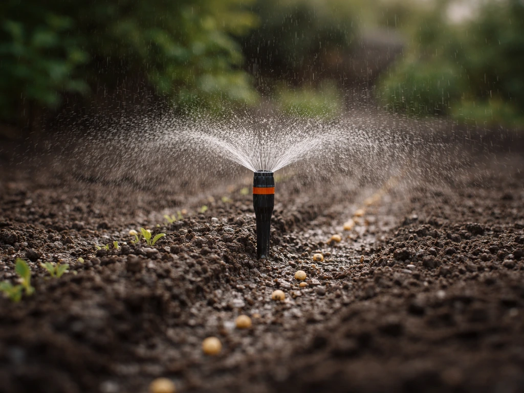 Arroseur à faible débit qui produit une pluie fine sur un sol humide après le semis.