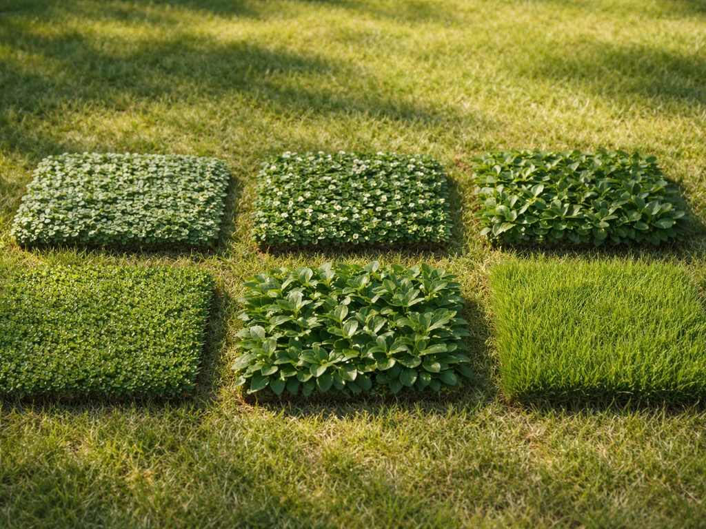 Lames de gazon différentes au soleil, herbes comparées dans un jardin minimal, ambiance France