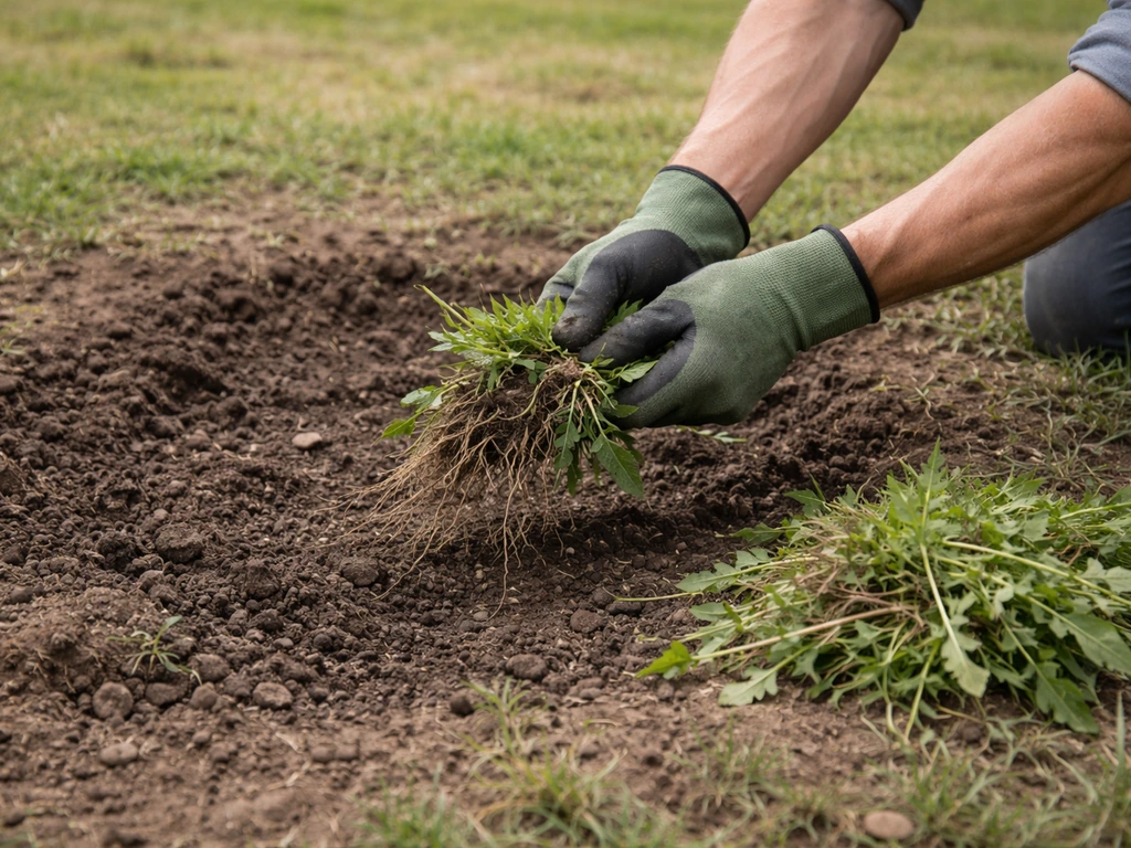Main gantée arrachant des mauvaises herbes au pied d’une parcelle, sol nu prêt pour le semis