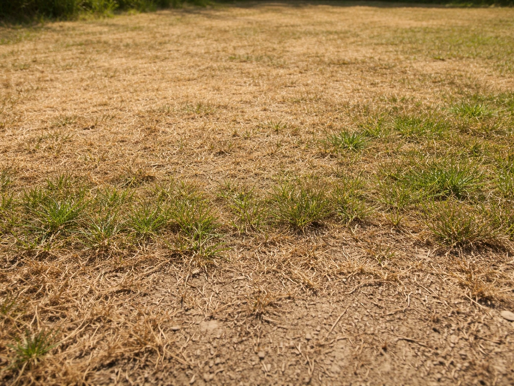 Pelouse clairsemée, zones brunies par le soleil et une zone plus sèche visible, avec reprise suggérée.