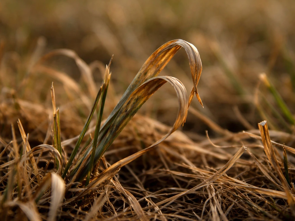 Gros plan de brins de gazon recroquevillés et brunissant après une forte chaleur