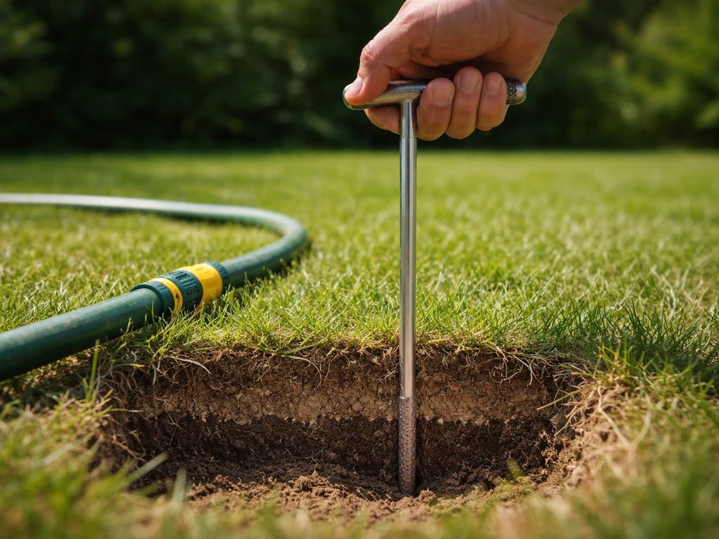 Main enfonçant une sonde dans la terre d’une pelouse pour vérifier l’humidité en profondeur.