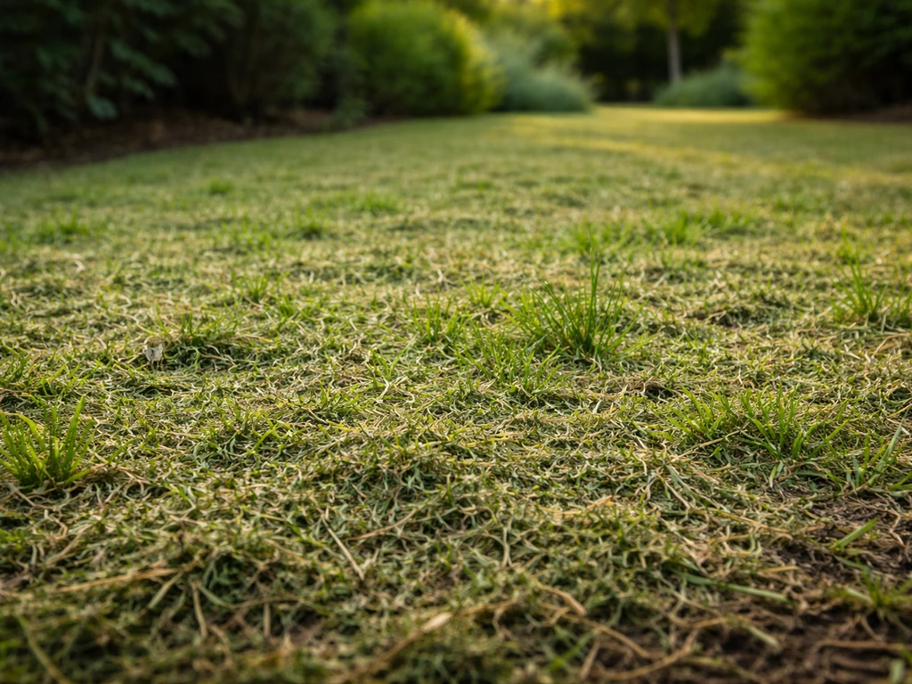 Pelouse fraîchement tondue recouverte d’une fine couche de tontes broyées pour protéger le sol.