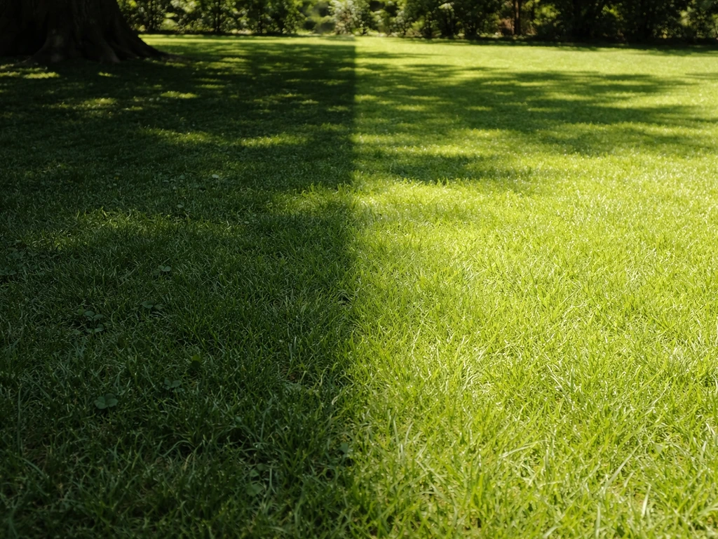 Pelouse divisée en deux : zone ombragée sous un arbre et zone en plein soleil, transition nette.