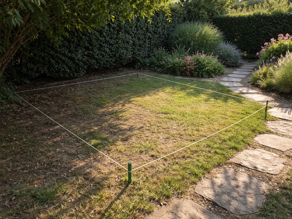 Vue aérienne d’un jardin avec zones ombragées et ensoleillées délimitées par de discrets repères au sol.