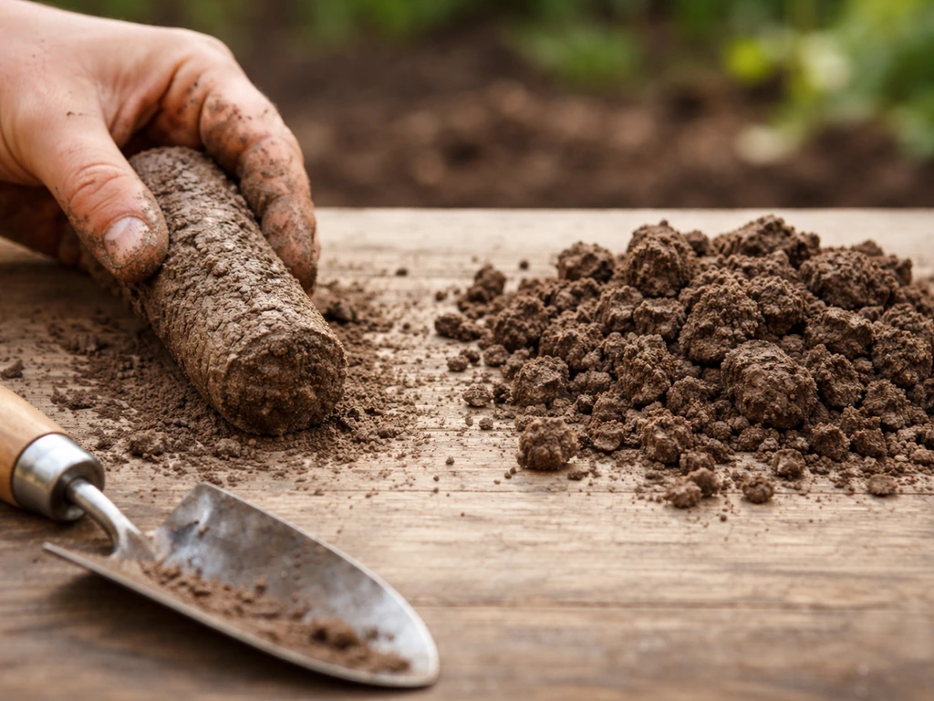 Poignée de terre malaxée en deux textures, boudin d’argile compacte, avec outil de jardin au premier plan.