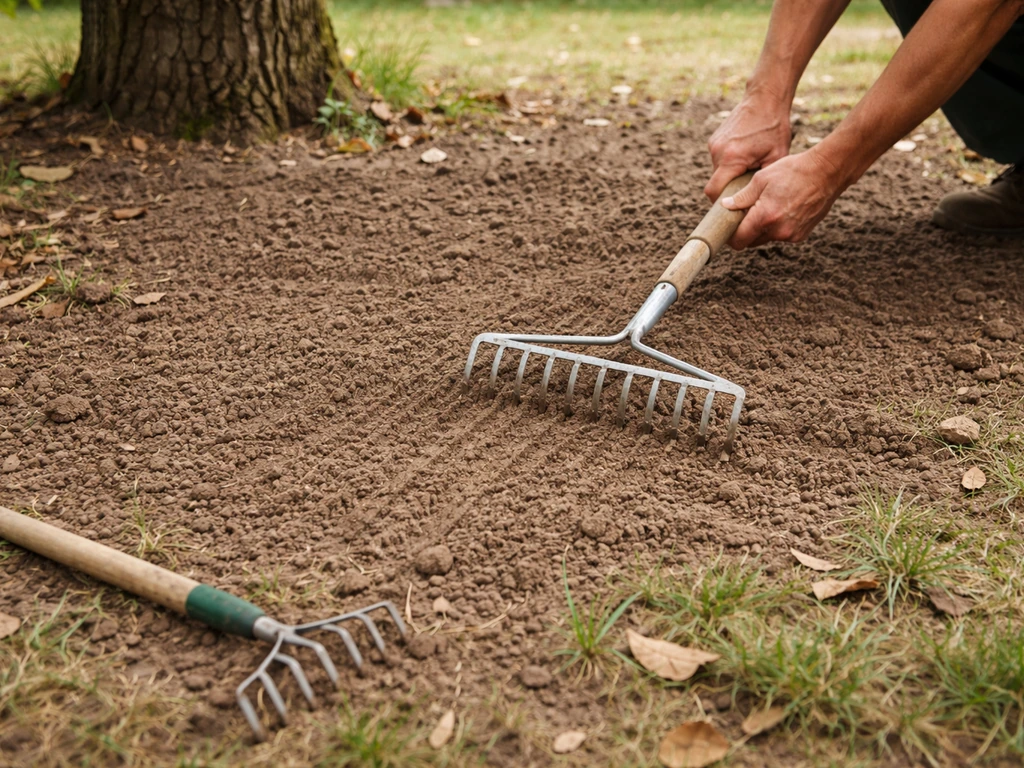 Zone de jardin sous un arbre : scarification légère, ratissage et terre affinée pour semis.