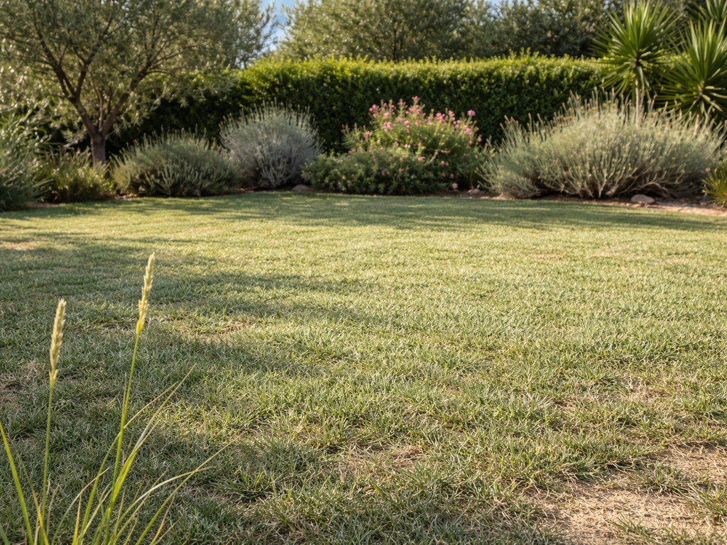 Gazon méditerranéen dense et vert-gris dans un jardin chaud et sec, lumière naturelle.