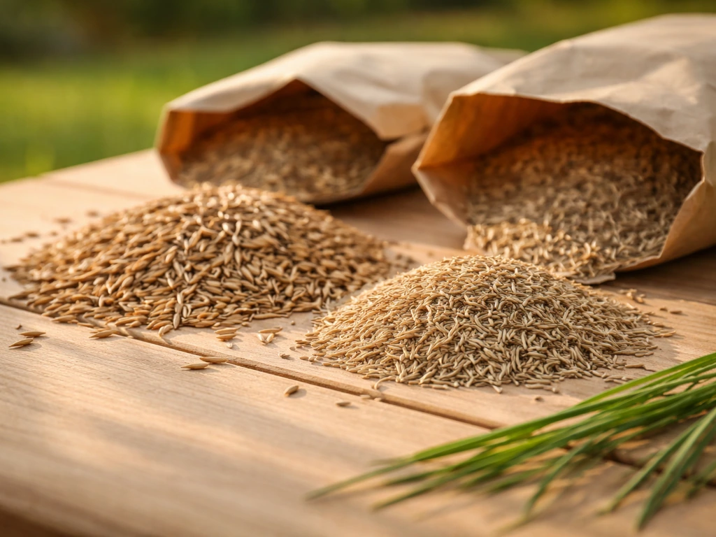 Plan rapproché de sacs de semences et de grains de graminées pour climat chaud, ambiance jardin ensoleillé.