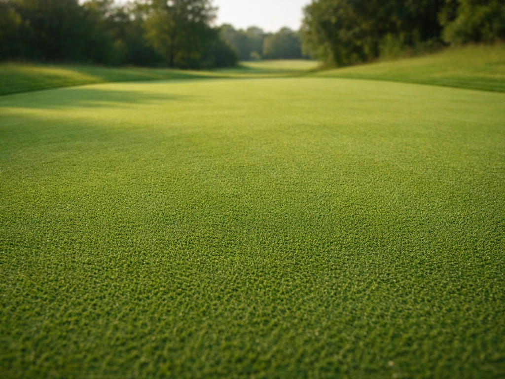 Vue panoramique d’un green de golf domestique en herbe très fine, tonte ras et surface homogène brillante.