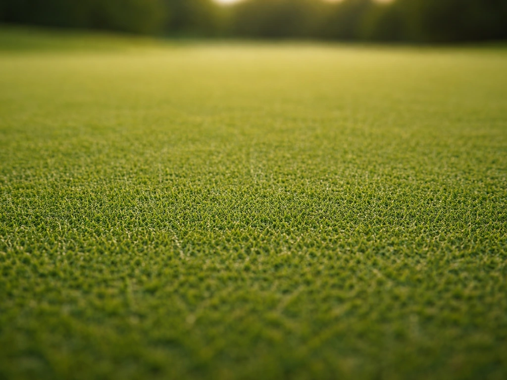 Gros plan d’un gazon vert très fin et dense, type green de golf, surface plane et uniforme.