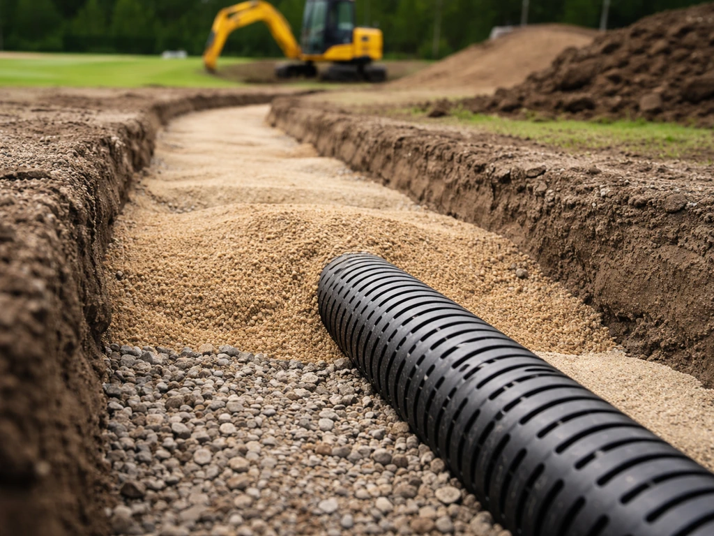 Chantier : couches de sable calibré et installation d’un drainage pour préparer un sol façon green de golf.