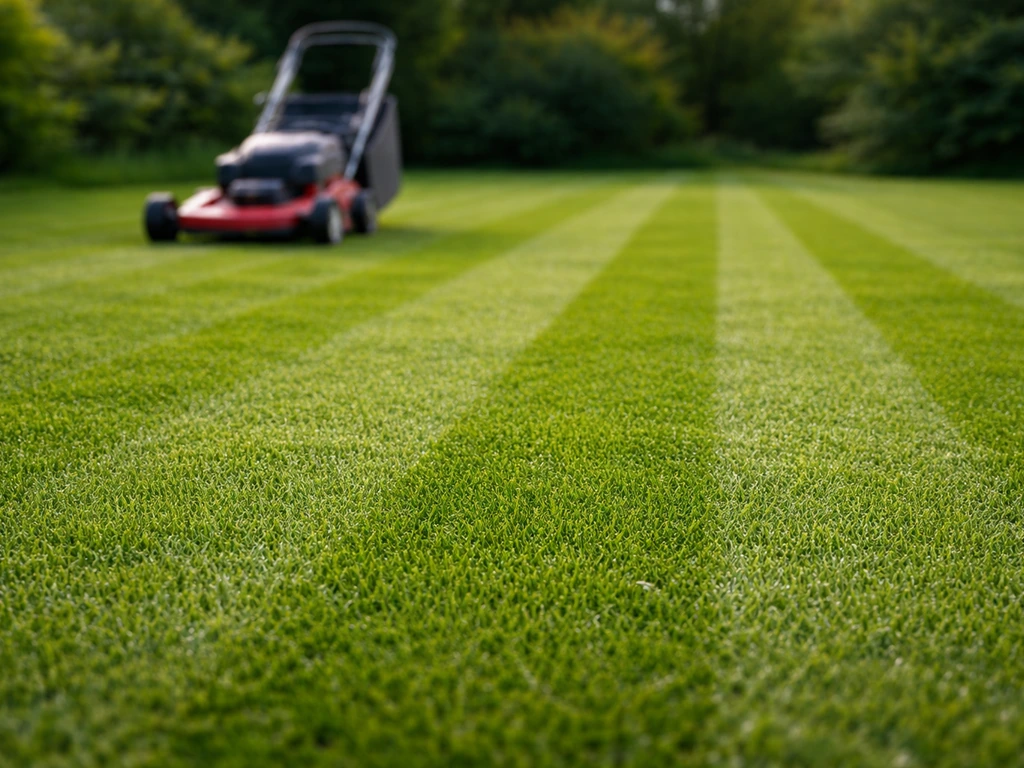 Gazon tondu très bas style golf avec des trajectoires nettes et une tondeuse en arrière-plan floue.