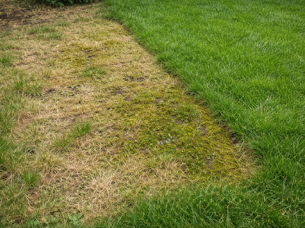 Gazon avec une zone jaunie et de la mousse visible, contraste avec un gazon vert sain et dense.