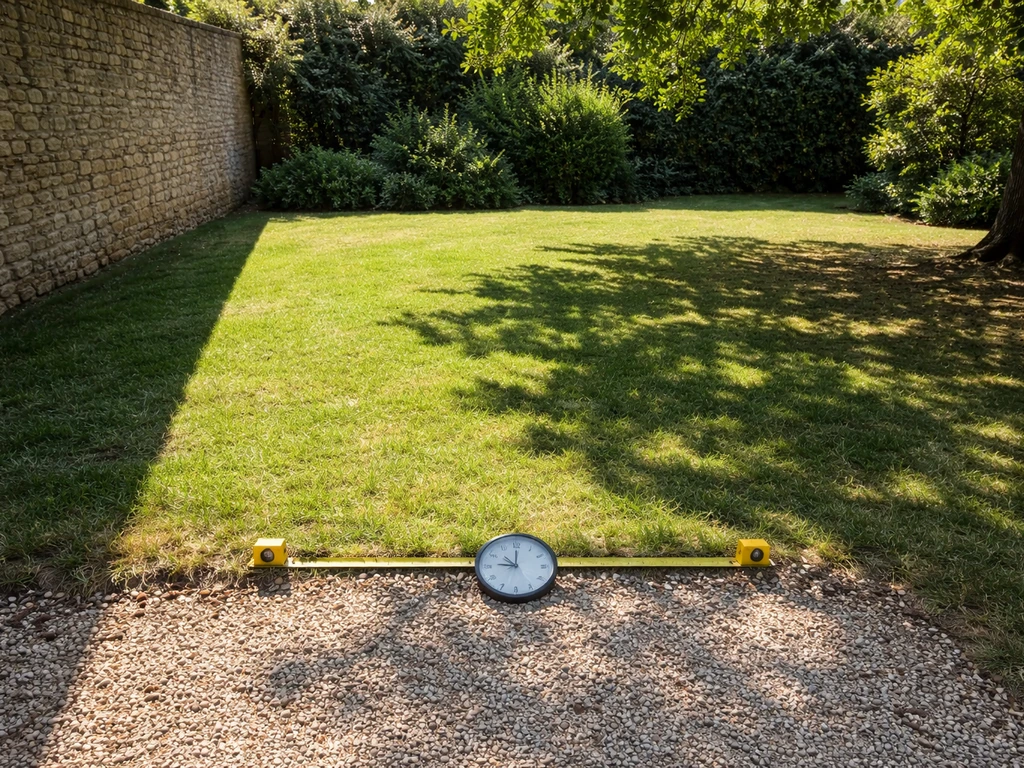 Parcelle de jardin ensoleillée avec ombre nette d’un mur au nord et ombre filtrée d’un arbre, repères au sol.