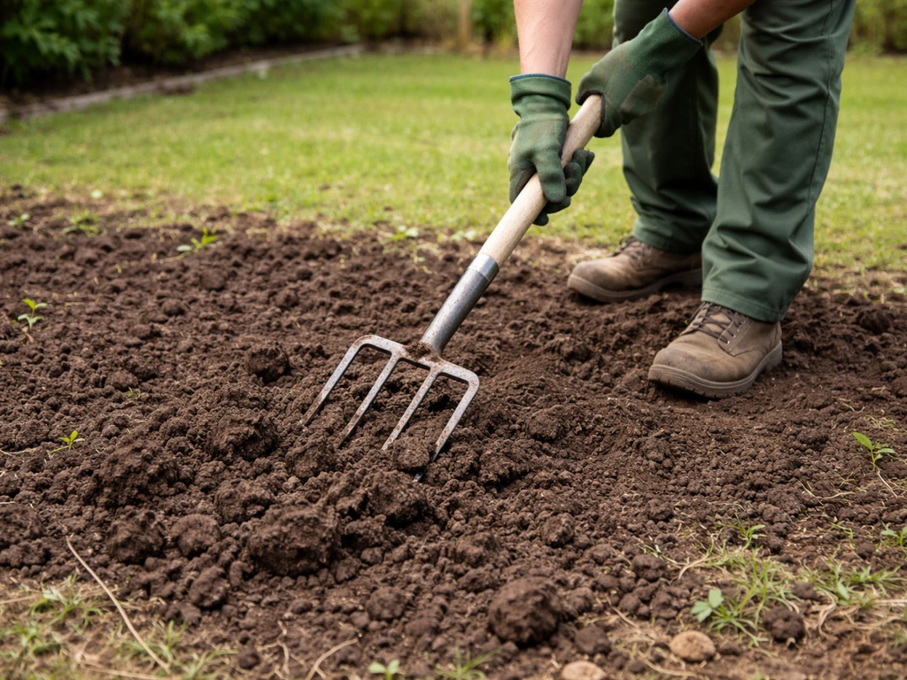 Personne au jardin utilisant une fourche-bêche sur une terre ameublie avant de semer la pelouse