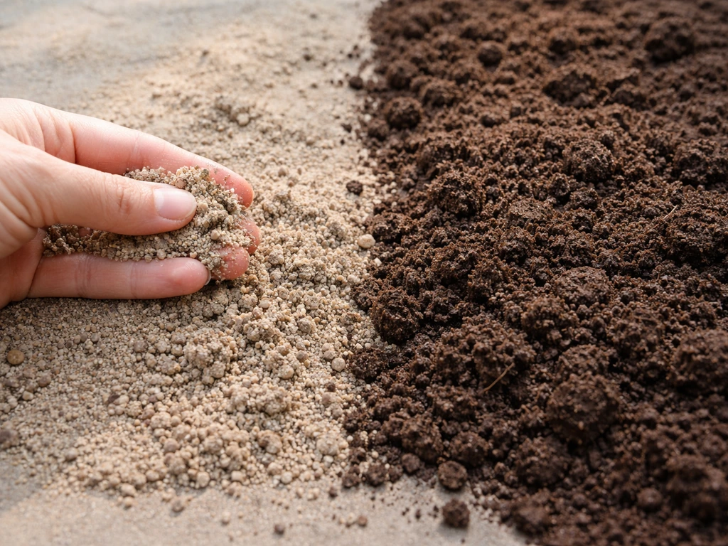 Gros plan comparatif de deux types de sol : sable léger qui s’effrite vite et terre plus compacte, plus sombre.