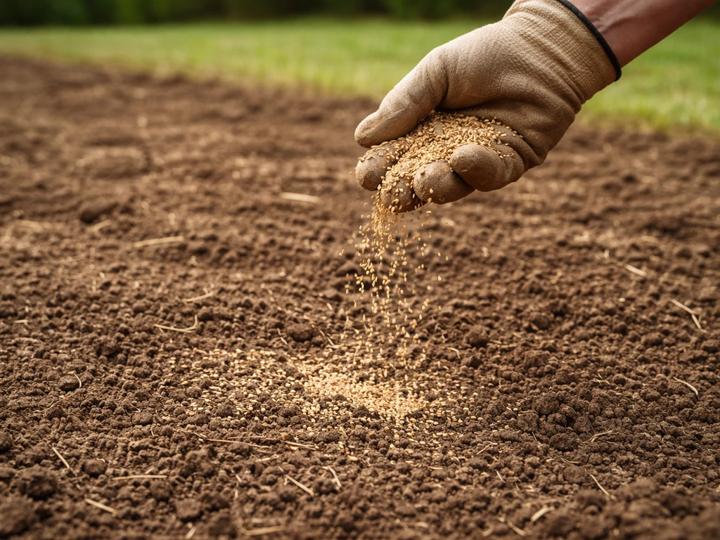 Main qui sème des graines de gazon sur un sol préparé, avec paillage léger, lumière naturelle