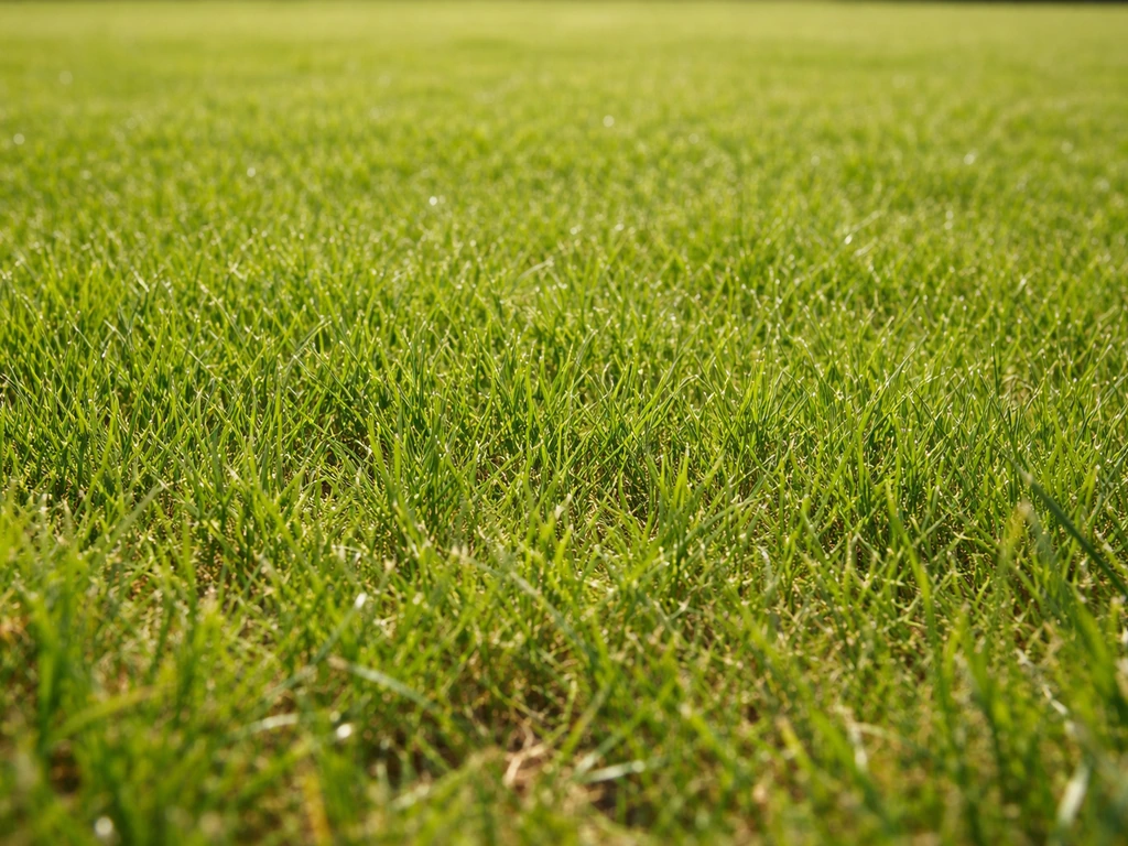 Pelouse verte dense en plein été sec, brins d’herbe nets et quelques zones légèrement sèches sans sol nu.